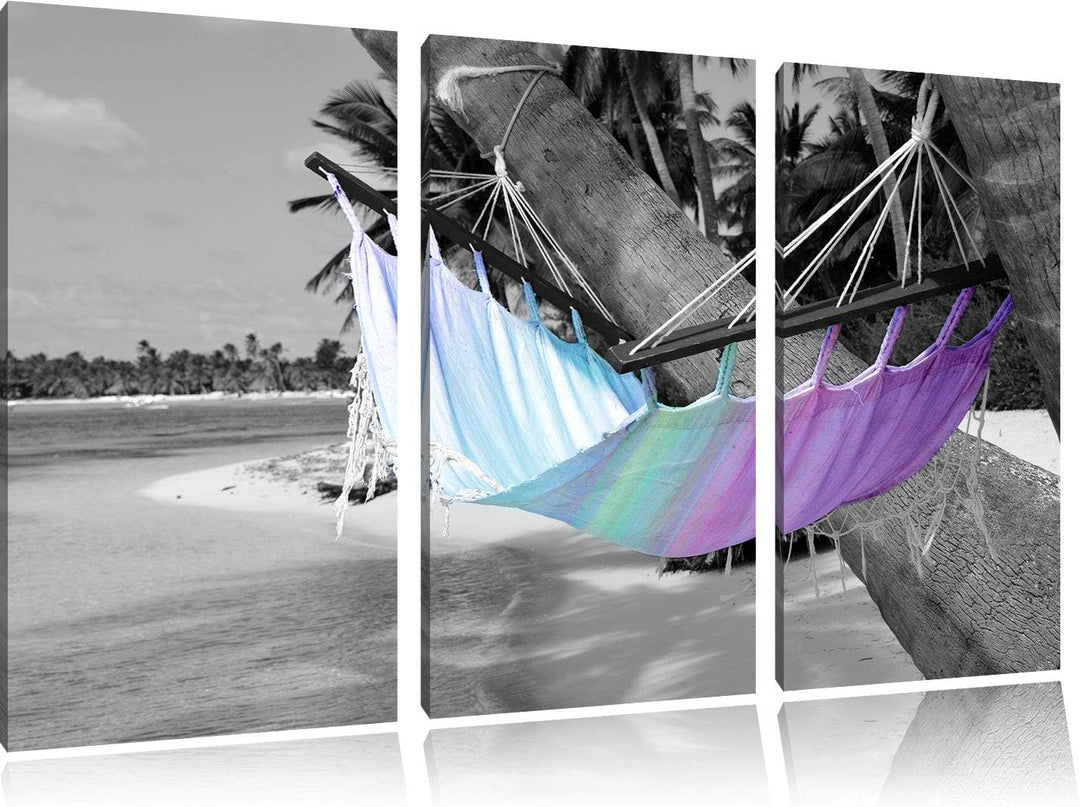 traumhafte Hängematte am Strand schwarz/weiss 3-Teiler Leinwandbild 120x80 Bild auf Leinwand, XXL ri