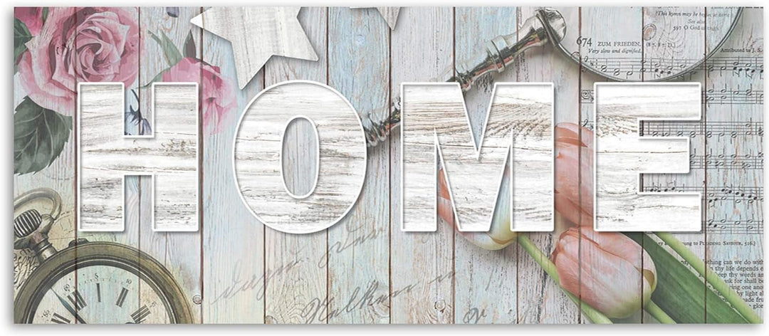 Feeby Bild auf Leinwand Haus 90x30 cm Kunstdruck modern Rosen Tulpen Blumen Küche Beige Leinwandbild