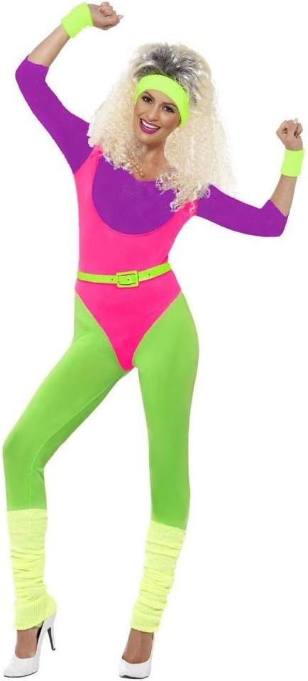 80er Jahre Neon Gymnastik-Jumpsuit Damen Aerobic-Anzug Kostüm Trash Bad Taste Sport Work Out, Grösse