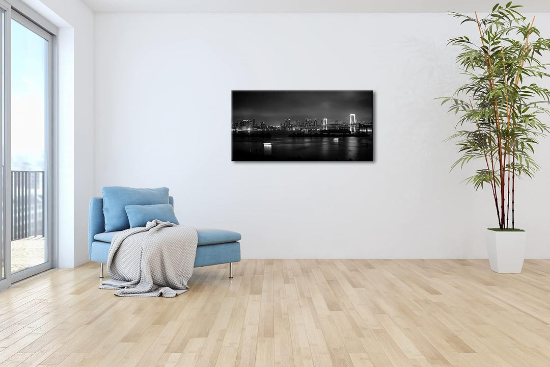 Grossstadt bei Nacht Panorama 80x40 cm Effekt: Schwarz/Weiss als Leinwandbild, Motiv fertig gerahmt