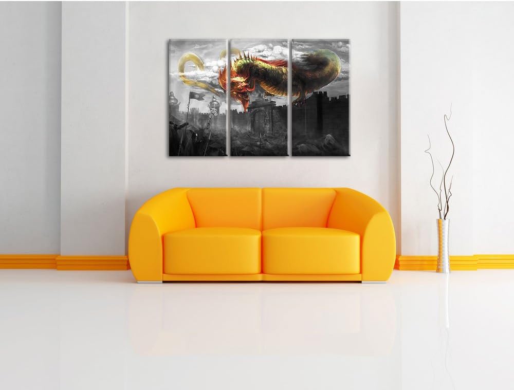 Pixxprint Drache über der Festung als Leinwandbild/Grösse: 3 Teilig (120x80 cm) cm/Wandbild/Kunstdru