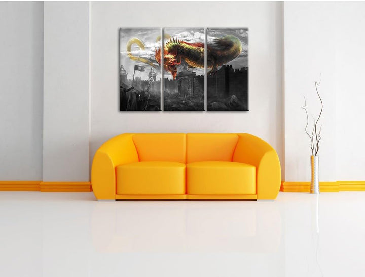 Pixxprint Drache über der Festung als Leinwandbild/Grösse: 3 Teilig (120x80 cm) cm/Wandbild/Kunstdru