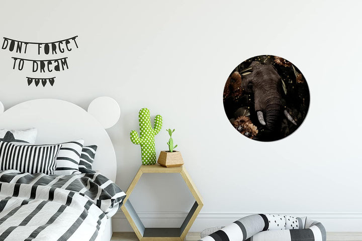 MuchoWow Wandbild Rund Wanddeko Deko Wohnzimmer Bilder 30x30 cm Elefant - Blumen - Licht - Botanisch