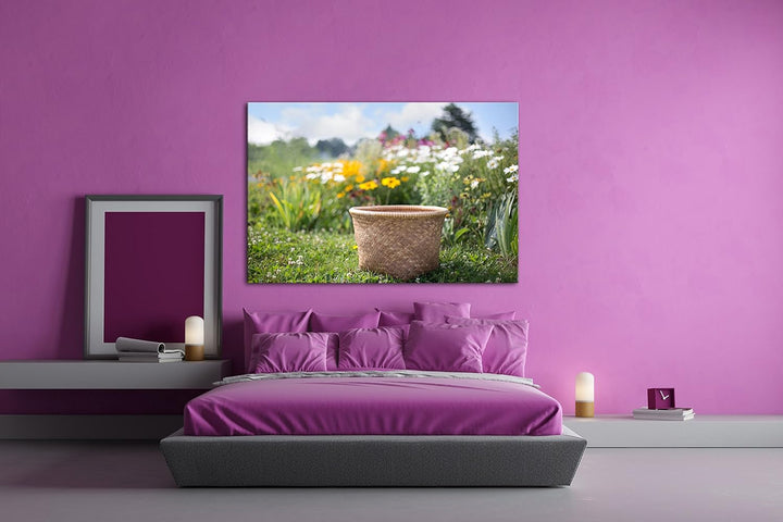 deyoli Weidenkorb am Blumenbett Format: 80x60 als Leinwand, Motiv fertig gerahmt auf Echtholzrahmen,