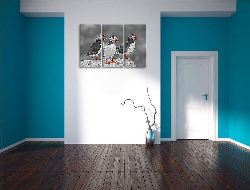 elegante Papageitaucher auf Felsen schwarz/weiss Spezial 3-Teiler Leinwandbild 120x80 Bild auf Leinw