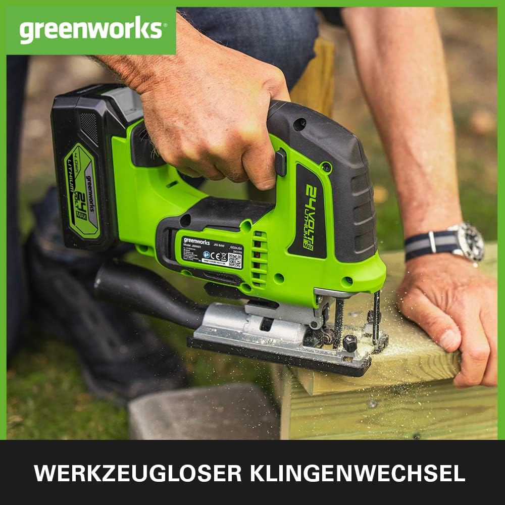 Greenworks GD24JS Akku Stichsäge, 3000spm, verstellbarer Sockel bis 45°, Saugaufsatz OHNE 24V Akku &