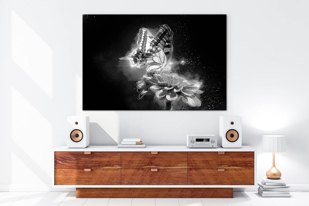 deyoli glitzernder Schmetterling Effekt: Schwarz&Weiss Format: 80x60 als Leinwandbild, Motiv fertig
