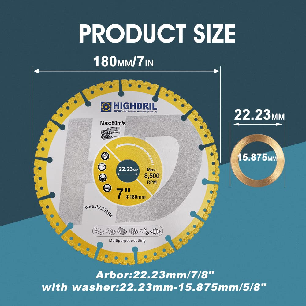 HIGHDRIL Diamant-Metalltrennscheibe - 180mm/ 7 Zoll Hochleistungs-Allzweck-Trennscheibe für Betonsta