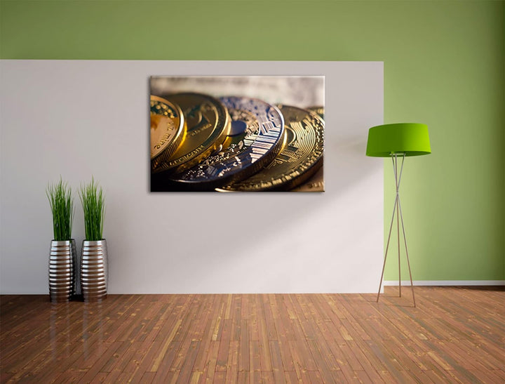 Pixxprint goldene Bitcoins BTC als Leinwandbild | Grösse: 120x80 cm | Wandbild | Kunstdruck | fertig