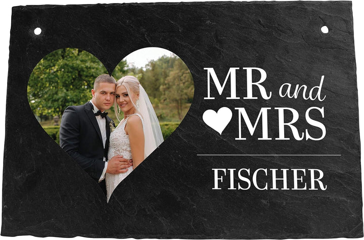 wandmotiv24 Schiefertafel Hochzeit Mr. & Mrs., Aufhängeschild mit Strick, Personalisierbar Digitaldr