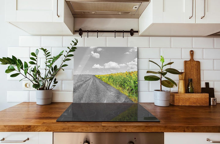 Feldweg Sonnenblumen Herdabdeckplatte & Spritzschutz aus Echtglas | Für Herd-Kochfelder | 60x52 cm