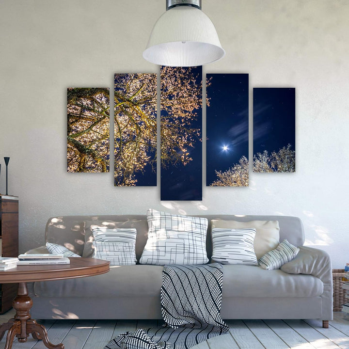 Feeby Wanddeko XXL Landschaft Leinwandbild 5 Teilig Bäume Himmel Mond blau 250x120 cm Leinwandbild 2