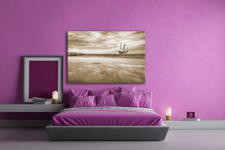 Segelschiff im blauen Meer an der Küste Format: 80x60 Effekt: Sepia als Leinwandbild, Motiv fertig g