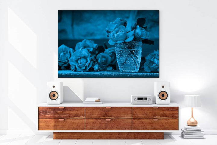 deyoli Glas voller Rosen Format 80x60 Effekt: Monocrome Blau als Leinwandbild, Motiv fertig gerahmt
