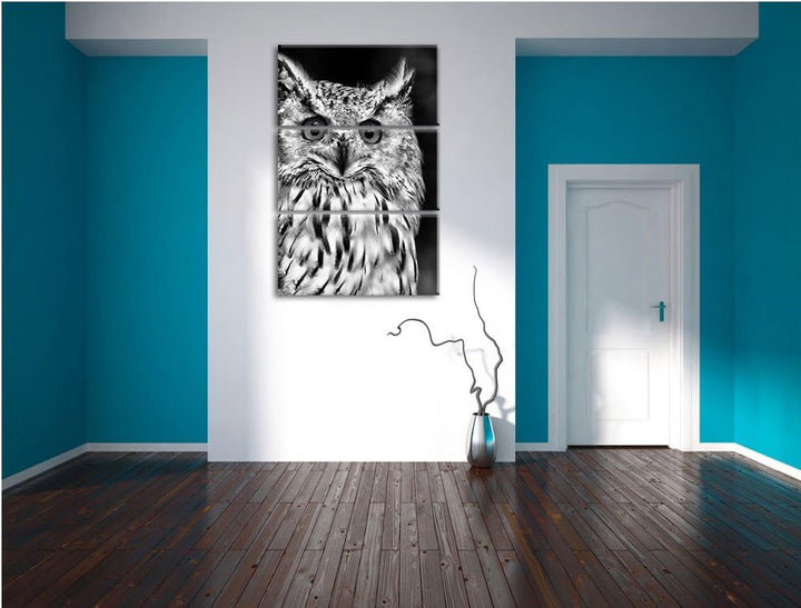 Pixxprint aufmerksame Waldohreule / 3-Teilig/Gesamtmass 120cm Leinwandbild bespannt auf Holzrahmen/W