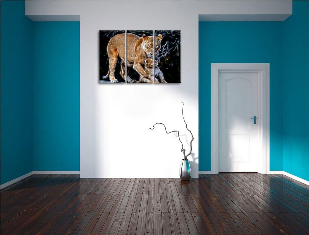 Dark Löwin spielt mit Jungtier Spezial 3-Teiler Leinwandbild 120x80 Bild auf Leinwand, XXL riesige B