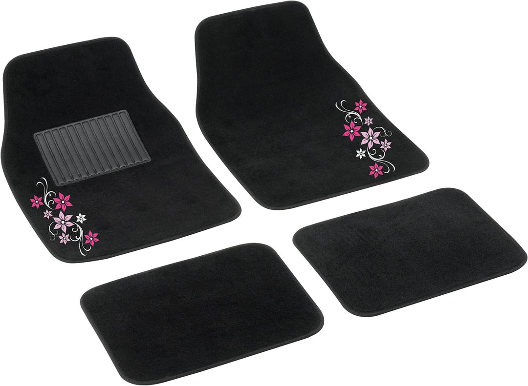 Bottari 29112 Autoteppich My Star mit Pinken Blumen, 4 Teile, Schwarz