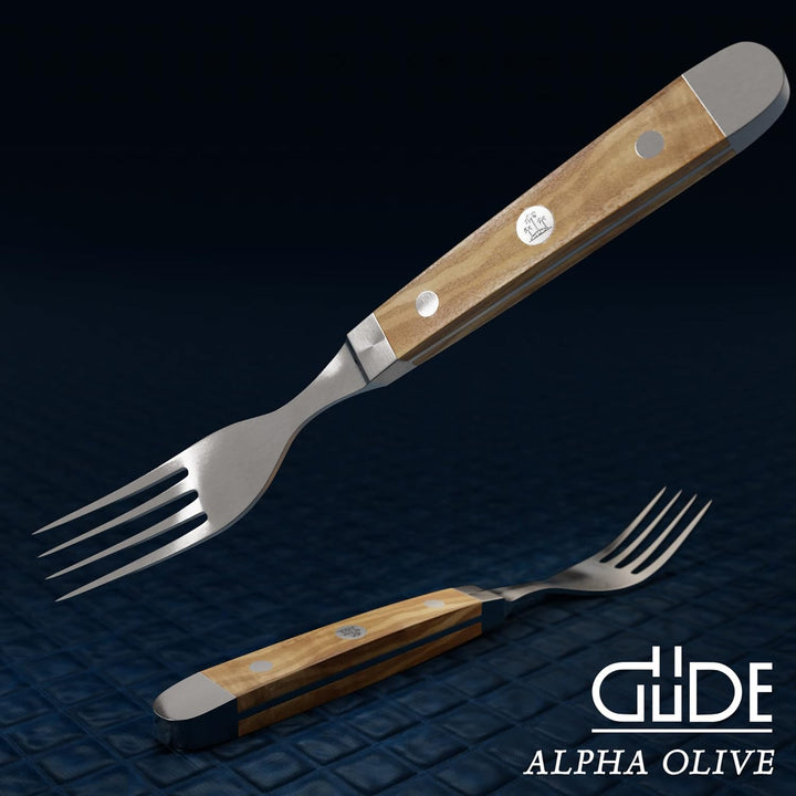 GÜDE Solingen - Tafelgabel geschmiedet, 9 cm, Olivenholz, ALPHA OLIVE, Doppelkropf, Handmade Germany