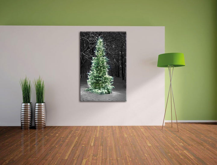 Pixxprint Weihnachtsbaum im Winterwald als Leinwandbild/Grösse: 100x70 / Wandbild/Kunstdruck/fertig