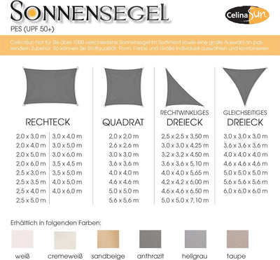 CelinaSun Sonnensegel PES Rechteck 3x5m weiss UPF 50+ Premium Sonnenschutz inkl Befestigungsseile 3x