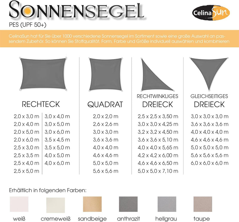 CelinaSun Sonnensegel PES Rechteck 4x6m hell grau UPF 50+ Premium Sonnenschutz inkl Befestigungsseil