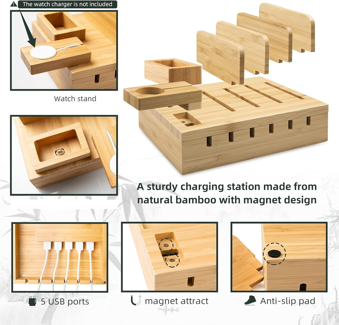 YOJA Ladestation für mehrere Geräte, Bambus, YOJA 5-Port-USB-Multi-Ladestation, Holz für Handy, Tabl