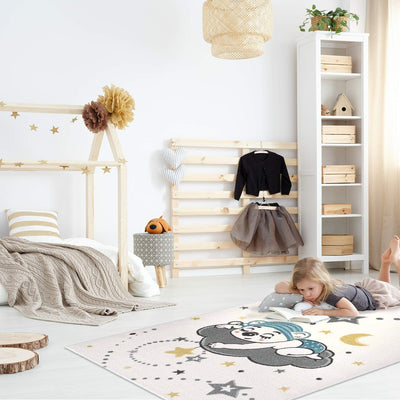 payé Teppich Kinderzimmer - Cream - 140x200cm - Spielteppich Schlafender Süsser Kuschel Bär Wolken M