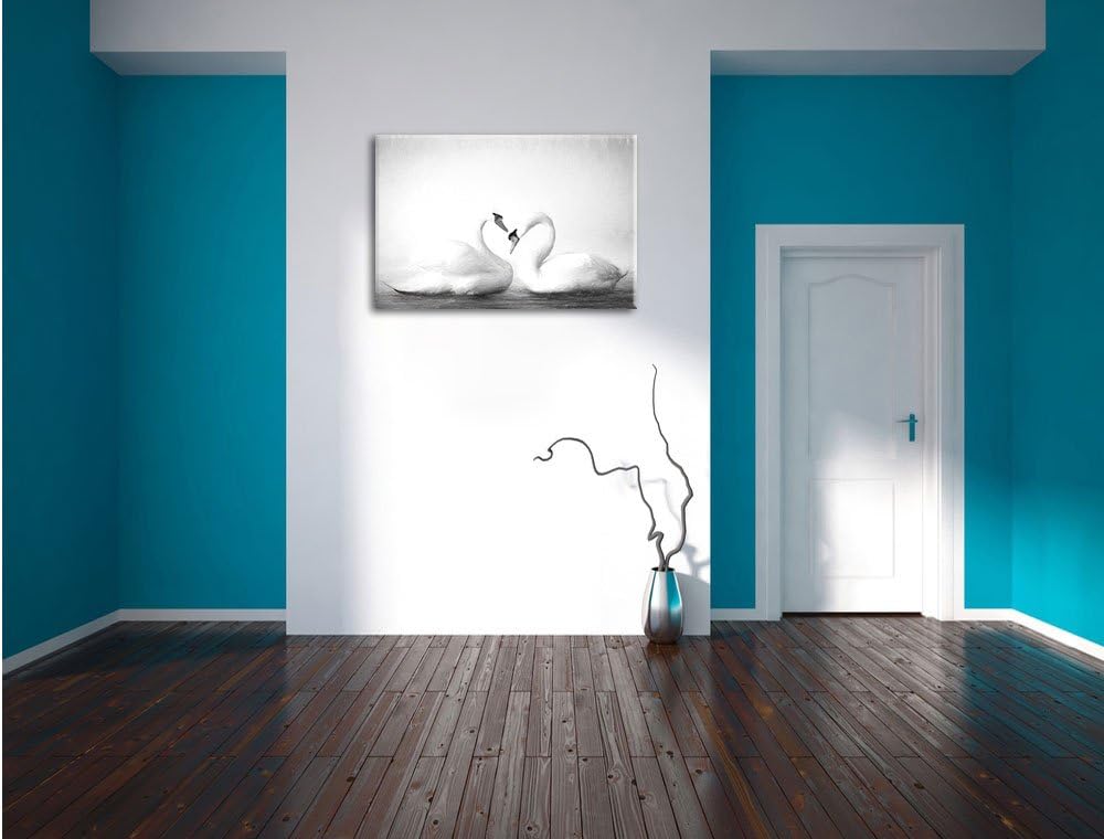 Pixxprint Zwei Schwäne auf dem Wasser Kunst / 100x70cm Leinwandbild bespannt auf Holzrahmen/Wandbild