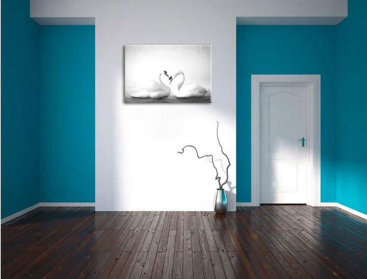 Pixxprint Zwei Schwäne auf dem Wasser Kunst / 100x70cm Leinwandbild bespannt auf Holzrahmen/Wandbild