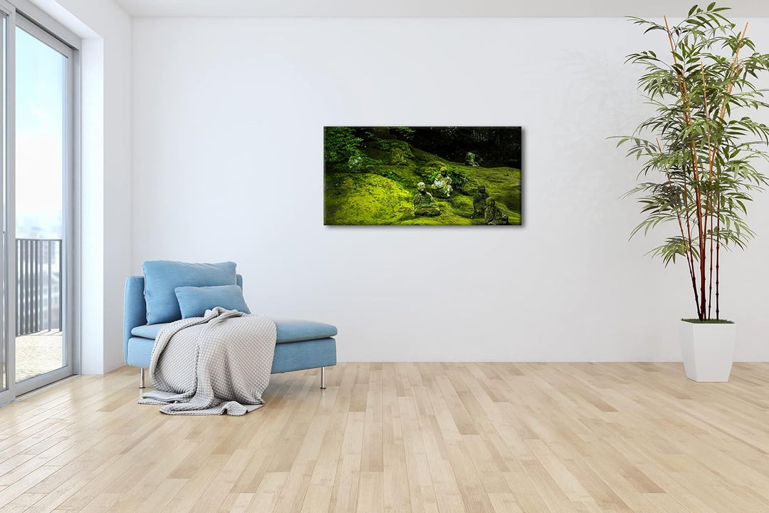 mit Moos bedeckte Buddha-Statuen Panorama 80x40 cm als Leinwandbild, Motiv fertig gerahmt auf Echtho