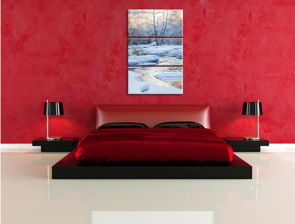 Pixxprint Bach in Winterlandschaft 3-Teiler Leinwandbild 120x80 Bild auf Leinwand