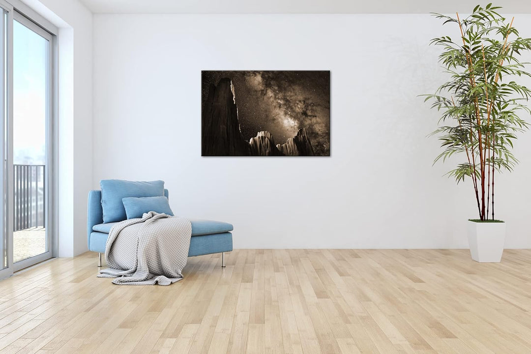 Hoch über den Bergen Effekt: Sepia, Format: 80x60 als Leinwandbild, Motiv fertig gerahmt auf Echthol