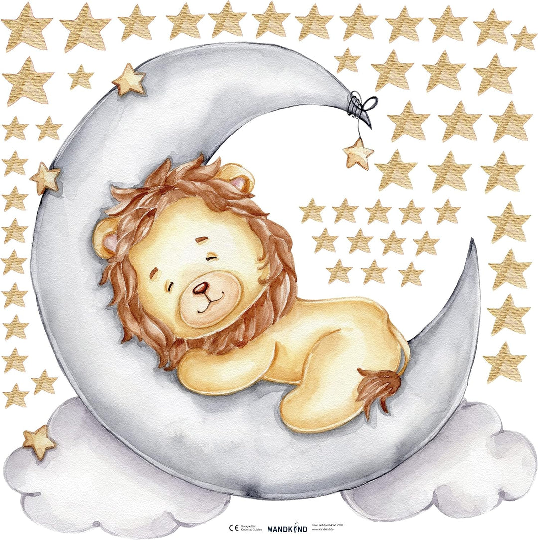 WANDKIND Löwe auf dem Mond V302 | handgezeichnet | AUFKLEBER Kindergarten | Wandsticker Kinderzimmer