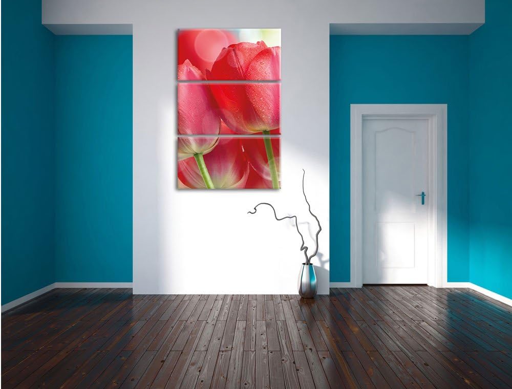 Pixxprint Rote Tulpen als Leinwandbild - Grösse: 3-Teilig (120x80cm) - Wandbild - Kunstdruck - ferti