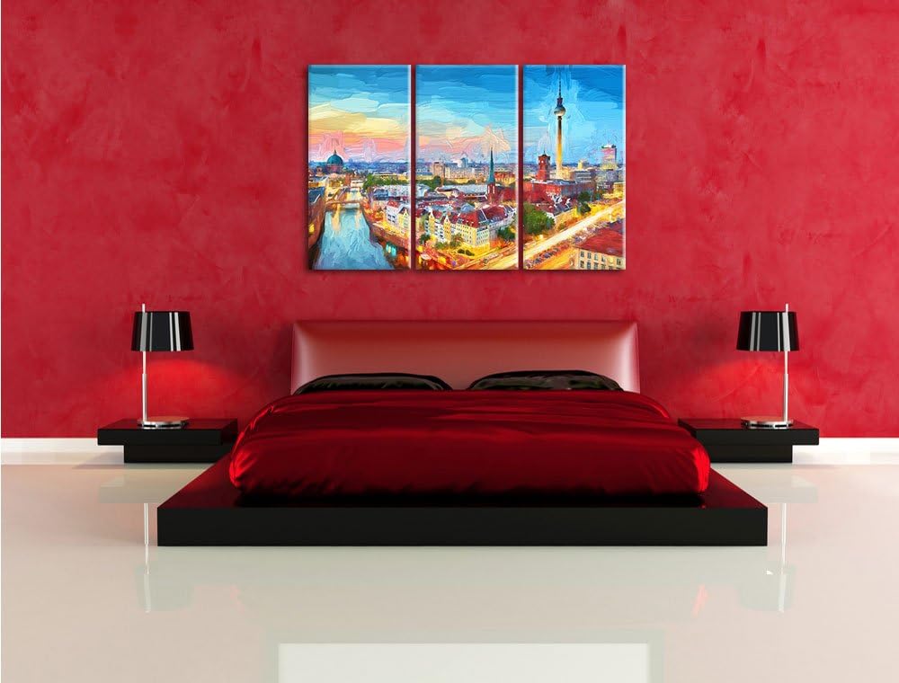 Pixxprint Berlin City Panorama Kunst Pinsel Effekt 3-Teiler Leinwandbild 120x80 Bild auf Leinwand