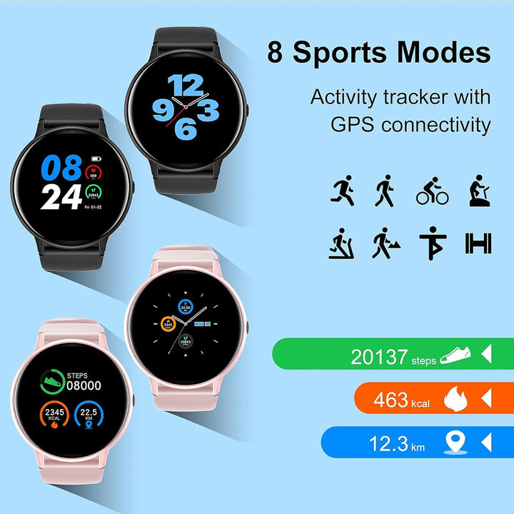 IOWODO Smartwatch für Damen und Herren, Fitnessuhr, Herzfrequenzmesser, Schrittzähler, wasserdicht I