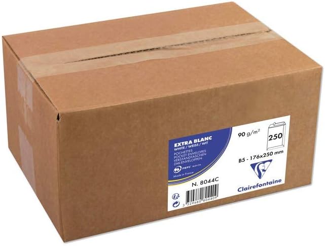 Clairefontaine 8044C - Karton mit 250 Versandtaschen weiss B5-176x250mm, selbstklebend, 90g, 1 Karto