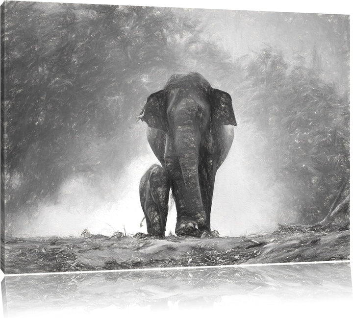 Pixxprint Elefanten Baby Mama / 100x70cm Leinwandbild bespannt auf Holzrahmen/Wandbild Kunstdruck De