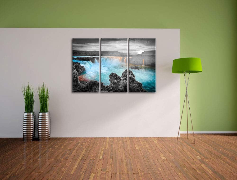 Pixxprint Goðafoss bei Sonnenuntergang als Leinwandbild | Grösse: 3 Teilig (120x80) | Wandbild| Kuns