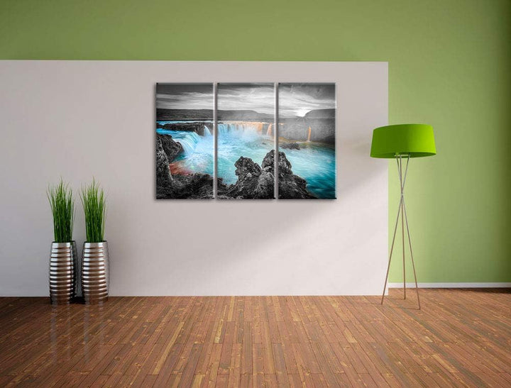 Pixxprint Goðafoss bei Sonnenuntergang als Leinwandbild | Grösse: 3 Teilig (120x80) | Wandbild| Kuns
