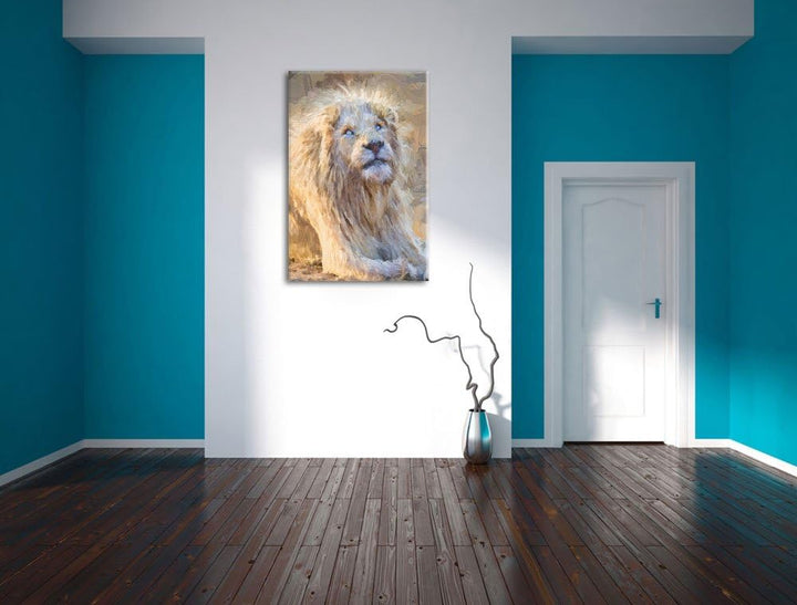 anmutiger weisser Löwe Deluxe Format: 100x70 cm auf Leinwand, XXL riesige Bilder fertig gerahmt mit