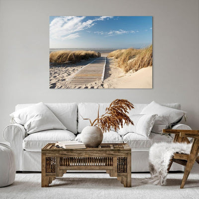 Bilder auf Leinwand 100x70cm Leinwandbild Strand Meer Fussgängerbrücke Ufer Gross Wanddeko Bild Schl