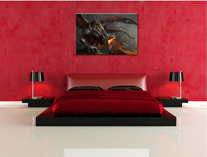 Pixxprint Kampf zwischen Mensch und Drache als Leinwandbild/Grösse: 100x70 cm/Wandbild/Kunstdruck/fe