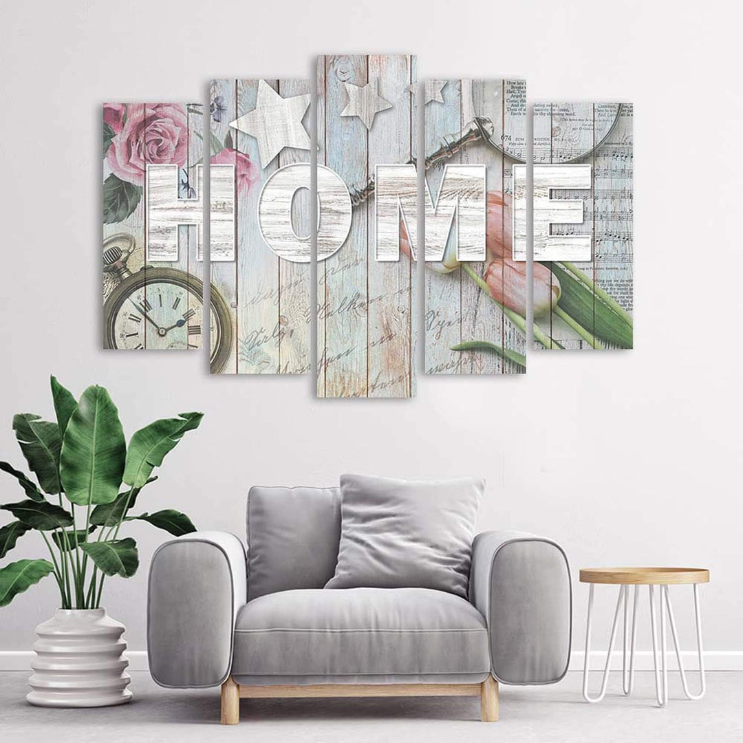 Wanddeko 5 Paneele Home 100x70 cm Deko Wand Kunst Wanddekoration Shabby Chic Tulpen Beige Deko Panee