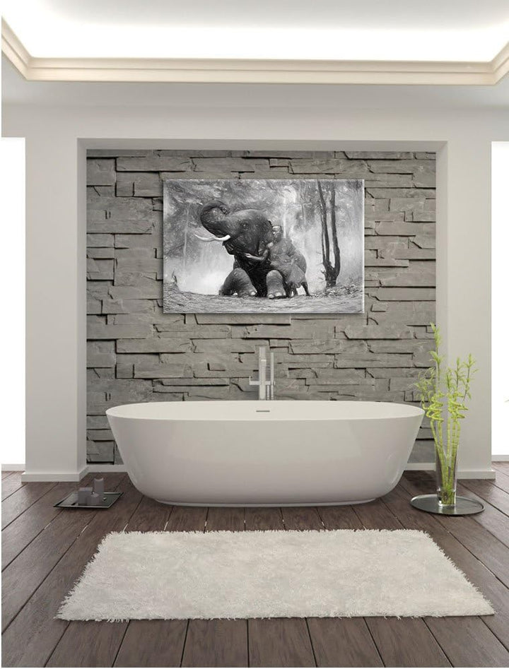 Pixxprint EIN Mönch mit Elefanten im Wald Kunst Kohle Effekt, Format: 100x70 auf Leinwand, XXL riesi