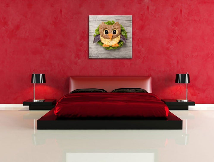 das lustige Eulen Sandwich, Format: 70x70 auf Leinwand, XXL riesige Bilder fertig gerahmt mit Keilra