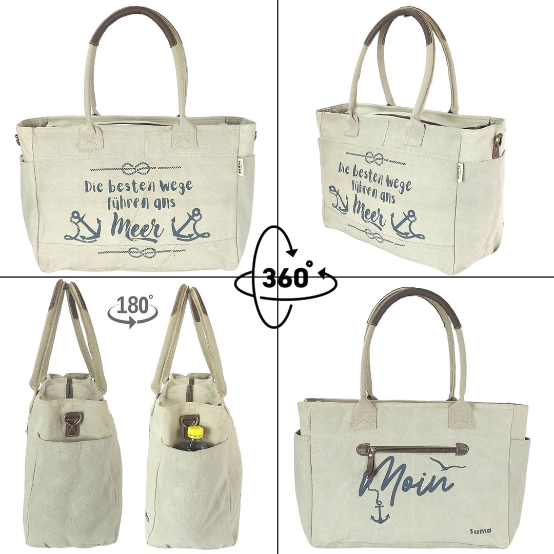 Sunsa Damen grosse Handtasche. XXL Tasche aus Canvas & Leder. Nachhaltige Strandtasche/Weekender in