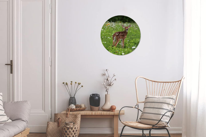 MuchoWow Wandbild Rund Wanddeko Deko Wohnzimmer Bilder 30x30 cm Hirsche - Blumen - Wald, 30x30 cm