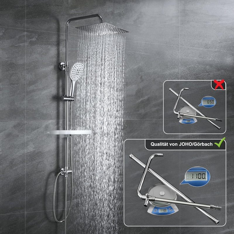 JOHO Edelstahl Regendusche Duschsystem Duschset Duschstange mit Ablage Chrom(Kopfbrause 25x25cm) 252