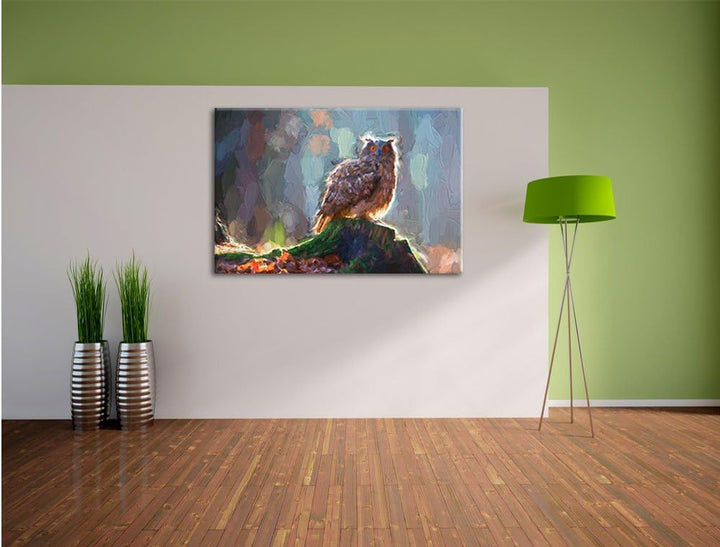 Pixxprint Eule auf dem Baumstamm als Leinwandbild/Grösse: 100x70 / Wandbild/Kunstdruck/fertig bespan